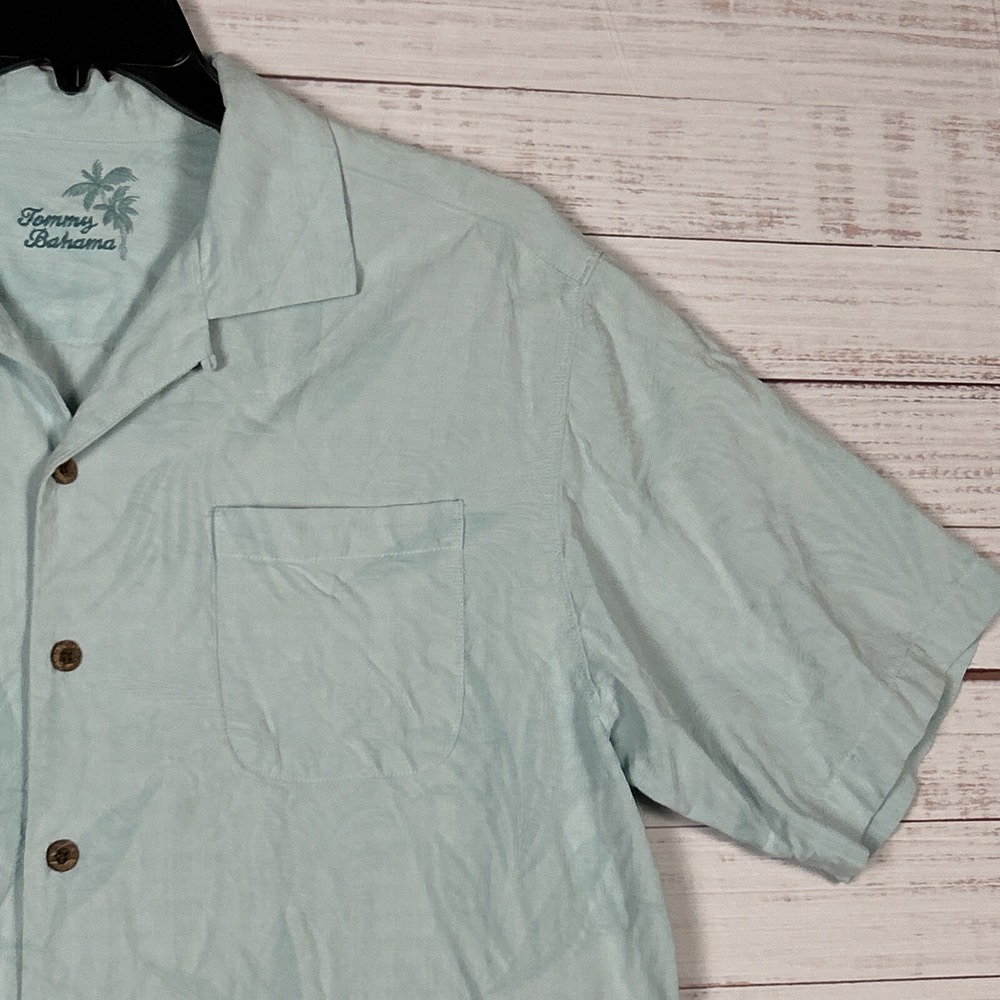 Tommy Bahama Shirt Mens Camp Collar Hawaiian Large Short Sleeve Blue Jaquard